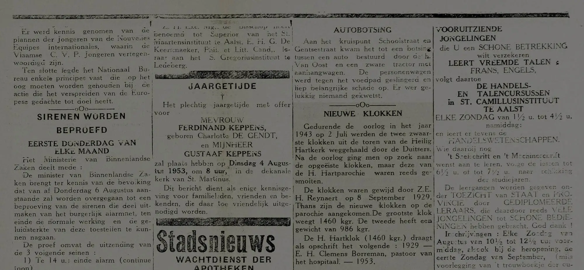 Artikel Neue Glocken in De Gazet van Aalst vom 2. August 1953