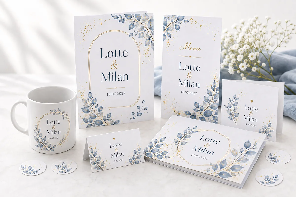 Uitnodigingen, menukaarten en bedankjes voor Lotte en Milan in dezelfde elegante stijl